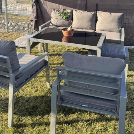 Szary komplet ogrodowy metalowy z sofą 175cm, fotelami i pufami - Sodor Max + pufy - Silver