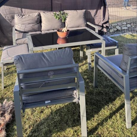 Szary komplet ogrodowy metalowy z sofą 175cm, fotelami i pufami - Sodor Max + pufy - Silver