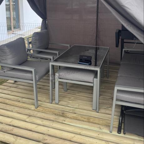 Szary komplet ogrodowy metalowy z sofą 175cm, fotelami i pufami - Sodor Max + pufy - Silver