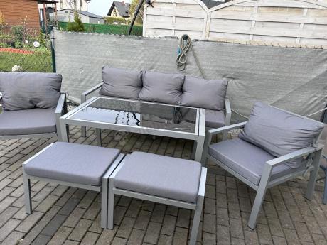 Szary komplet ogrodowy metalowy z sofą 175cm, fotelami i pufami - Sodor Max + pufy - Silver