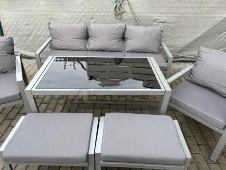 Szary komplet ogrodowy metalowy z sofą 175cm, fotelami i pufami - Sodor Max + pufy - Silver