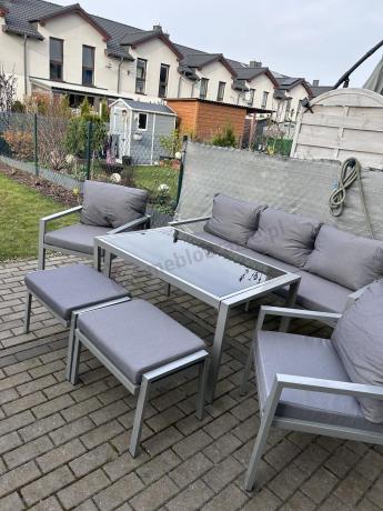 Szary komplet ogrodowy metalowy z sofą 175cm, fotelami i pufami - Sodor Max + pufy - Silver