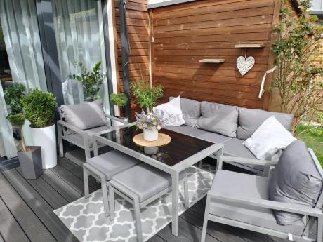 Szary komplet ogrodowy metalowy z sofą 175cm, fotelami i pufami - Sodor Max + pufy - Silver