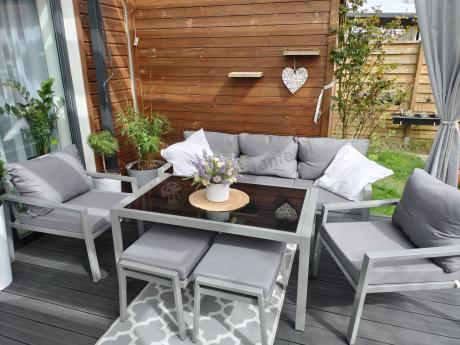 Szary komplet ogrodowy metalowy z sofą 175cm, fotelami i pufami - Sodor Max + pufy - Silver