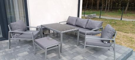 Szary komplet ogrodowy metalowy z sofą 175cm, fotelami i pufami - Sodor Max + pufy - Silver