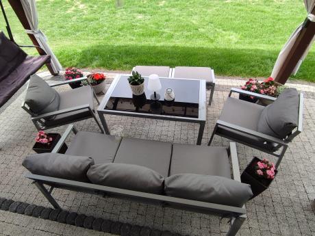 Szary komplet ogrodowy metalowy z sofą 175cm, fotelami i pufami - Sodor Max + pufy - Silver