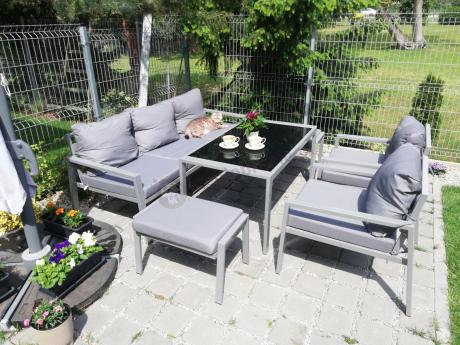 Szary komplet ogrodowy metalowy z sofą 175cm, fotelami i pufami - Sodor Max + pufy - Silver