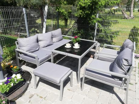 Szary komplet ogrodowy metalowy z sofą 175cm, fotelami i pufami - Sodor Max + pufy - Silver