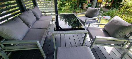 Szary komplet ogrodowy metalowy z sofą 175cm, fotelami i pufami - Sodor Max + pufy - Silver