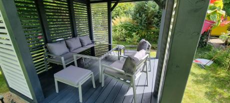 Szary komplet ogrodowy metalowy z sofą 175cm, fotelami i pufami - Sodor Max + pufy - Silver