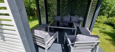 Szary komplet ogrodowy metalowy z sofą 175cm, fotelami i pufami - Sodor Max + pufy - Silver