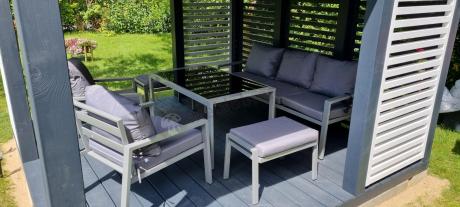 Szary komplet ogrodowy metalowy z sofą 175cm, fotelami i pufami - Sodor Max + pufy - Silver