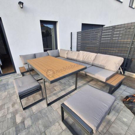 Szary modułowy narożnik na taras 280x220cm z wysokim stołem Panaon Grey Teak