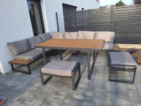 Szary modułowy narożnik na taras 280x220cm z wysokim stołem Panaon Grey Teak