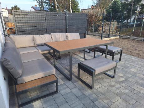 Szary modułowy narożnik na taras 280x220cm z wysokim stołem Panaon Grey Teak