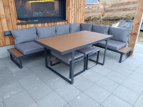 Szary modułowy narożnik na taras 280x220cm z wysokim stołem Panaon Grey Teak