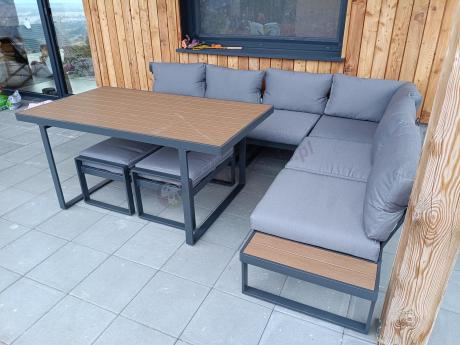Szary modułowy narożnik na taras 280x220cm z wysokim stołem Panaon Grey Teak