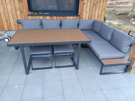 Szary modułowy narożnik na taras 280x220cm z wysokim stołem Panaon Grey Teak