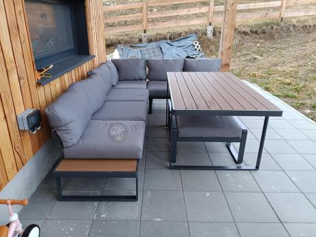 Szary modułowy narożnik na taras 280x220cm z wysokim stołem Panaon Grey Teak