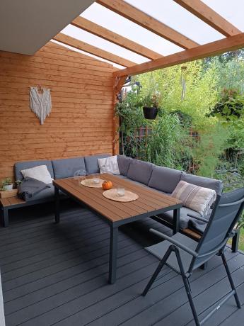 Szary modułowy narożnik z wysokim stołem 160cm Calamba Corner XL