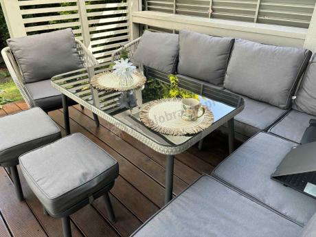 Szary narożnik na taras dla 8 osób z fotelem i pufami Postigo Corner XL