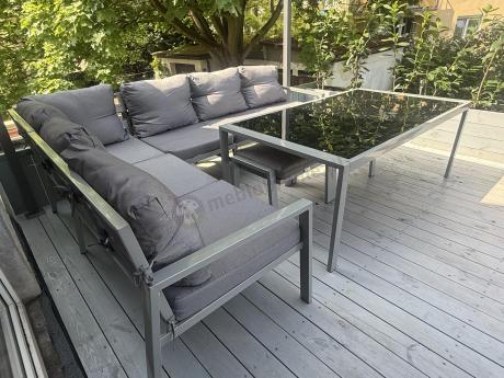 Szary narożnik na taras, stół 160cm i 2 pufy - Sodor Corner XL - Silver