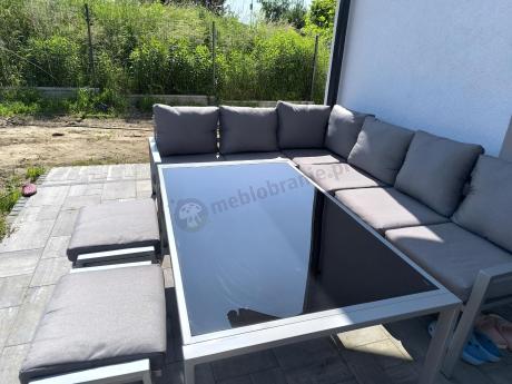 Szary narożnik na taras, stół 160cm i 2 pufy - Sodor Corner XL - Silver