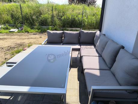 Szary narożnik na taras, stół 160cm i 2 pufy - Sodor Corner XL - Silver