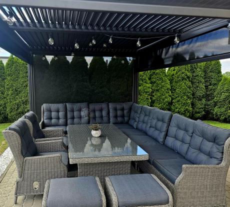 Szary narożnik ogrodowy z wysokim stołem, regulowanymi fotelami i pudami - Laritto Corner XL - Grey