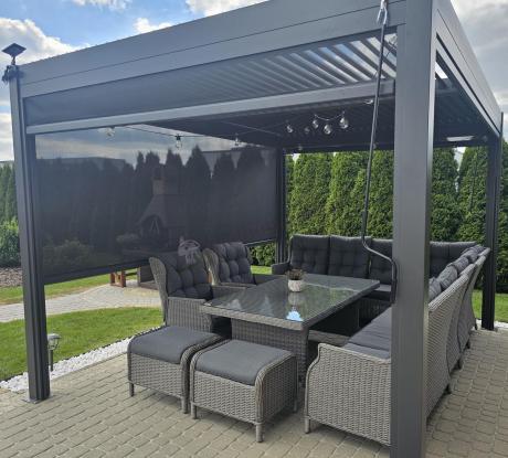 Szary narożnik ogrodowy z wysokim stołem, regulowanymi fotelami i pudami - Laritto Corner XL - Grey