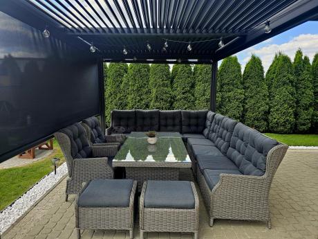 Szary narożnik ogrodowy z wysokim stołem, regulowanymi fotelami i pudami - Laritto Corner XL - Grey