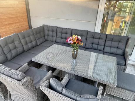 Szary narożnik ogrodowy z wysokim stołem, regulowanymi fotelami i pudami - Laritto Corner XL - Grey