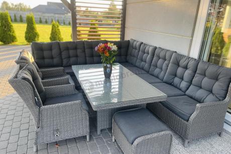 Szary narożnik ogrodowy z wysokim stołem, regulowanymi fotelami i pudami - Laritto Corner XL - Grey