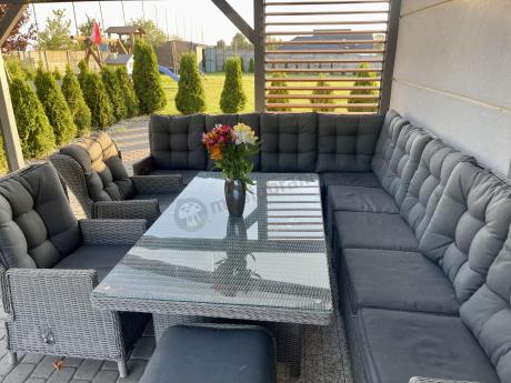 Szary narożnik ogrodowy z wysokim stołem, regulowanymi fotelami i pudami - Laritto Corner XL - Grey