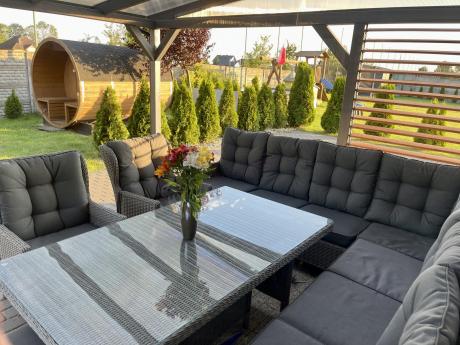 Szary narożnik ogrodowy z wysokim stołem, regulowanymi fotelami i pudami - Laritto Corner XL - Grey