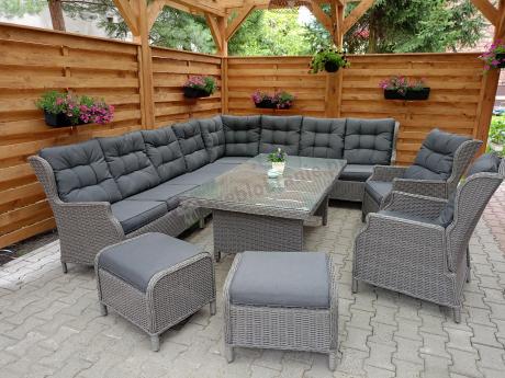 Szary narożnik ogrodowy z wysokim stołem, regulowanymi fotelami i pudami - Laritto Corner XL - Grey