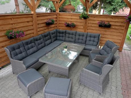 Szary narożnik ogrodowy z wysokim stołem, regulowanymi fotelami i pudami - Laritto Corner XL - Grey