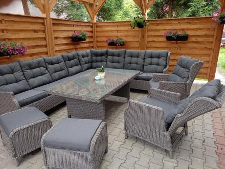 Szary narożnik ogrodowy z wysokim stołem, regulowanymi fotelami i pudami - Laritto Corner XL - Grey