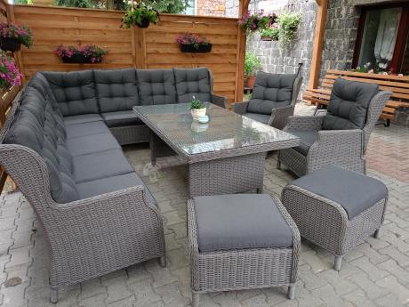 Szary narożnik ogrodowy z wysokim stołem, regulowanymi fotelami i pudami - Laritto Corner XL - Grey