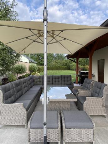 Szary narożnik ogrodowy z wysokim stołem, regulowanymi fotelami i pudami - Laritto Corner XL - Grey