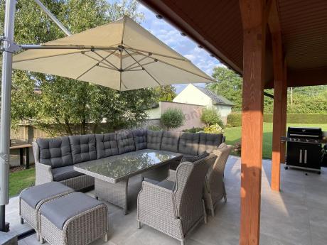 Szary narożnik ogrodowy z wysokim stołem, regulowanymi fotelami i pudami - Laritto Corner XL - Grey