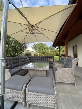 Szary narożnik ogrodowy z wysokim stołem, regulowanymi fotelami i pudami - Laritto Corner XL - Grey