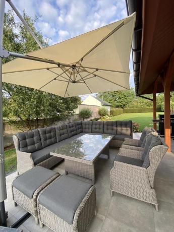 Szary narożnik ogrodowy z wysokim stołem, regulowanymi fotelami i pudami - Laritto Corner XL - Grey