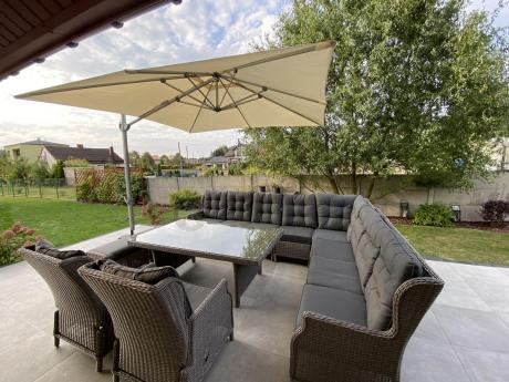 Szary narożnik ogrodowy z wysokim stołem, regulowanymi fotelami i pudami - Laritto Corner XL - Grey