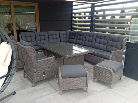 Szary narożnik ogrodowy z wysokim stołem, regulowanymi fotelami i pudami - Laritto Corner XL - Grey