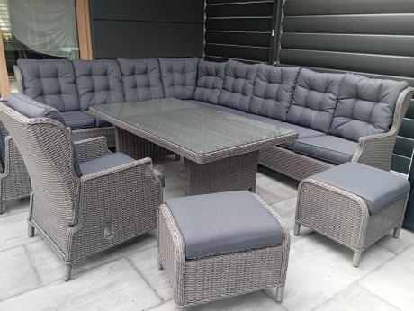 Szary narożnik ogrodowy z wysokim stołem, regulowanymi fotelami i pudami - Laritto Corner XL - Grey