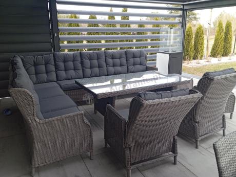 Szary narożnik ogrodowy z wysokim stołem, regulowanymi fotelami i pudami - Laritto Corner XL - Grey