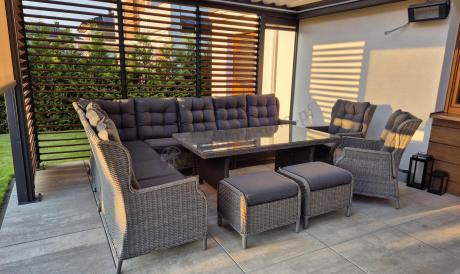Szary narożnik ogrodowy z wysokim stołem, regulowanymi fotelami i pufami - Laritto Corner XL - Grey