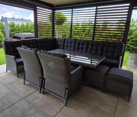 Szary narożnik ogrodowy z wysokim stołem, regulowanymi fotelami i pufami - Laritto Corner XL - Grey