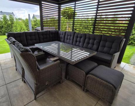 Szary narożnik ogrodowy z wysokim stołem, regulowanymi fotelami i pufami - Laritto Corner XL - Grey